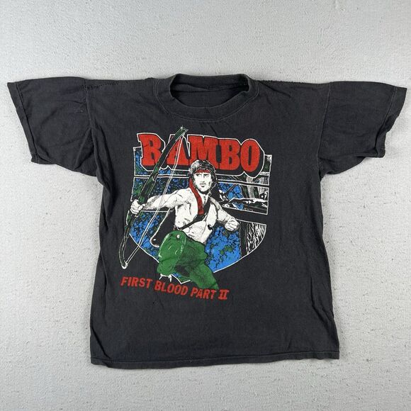 Vintage 1985 Rambo First Blood Part II Shirt Small Black Short Sleeve - Picture 1 of 16